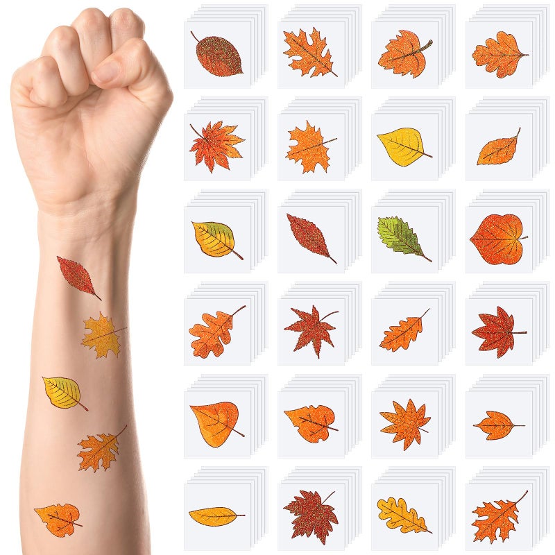 Nosiny 240 Pcs Fall Glitter Temporary Tattoos - Maple Leaves Stickers Autumn Tattoo Sticker Fall Leaves Glitter Tattoos for Thanksgiving Party Body Face Women Men Kids - Image 1